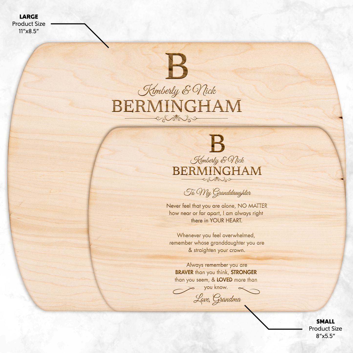 Personalized Monogram Granddaughter "Braver, Stronger, Loved" Hardwood Oval Cutting Board