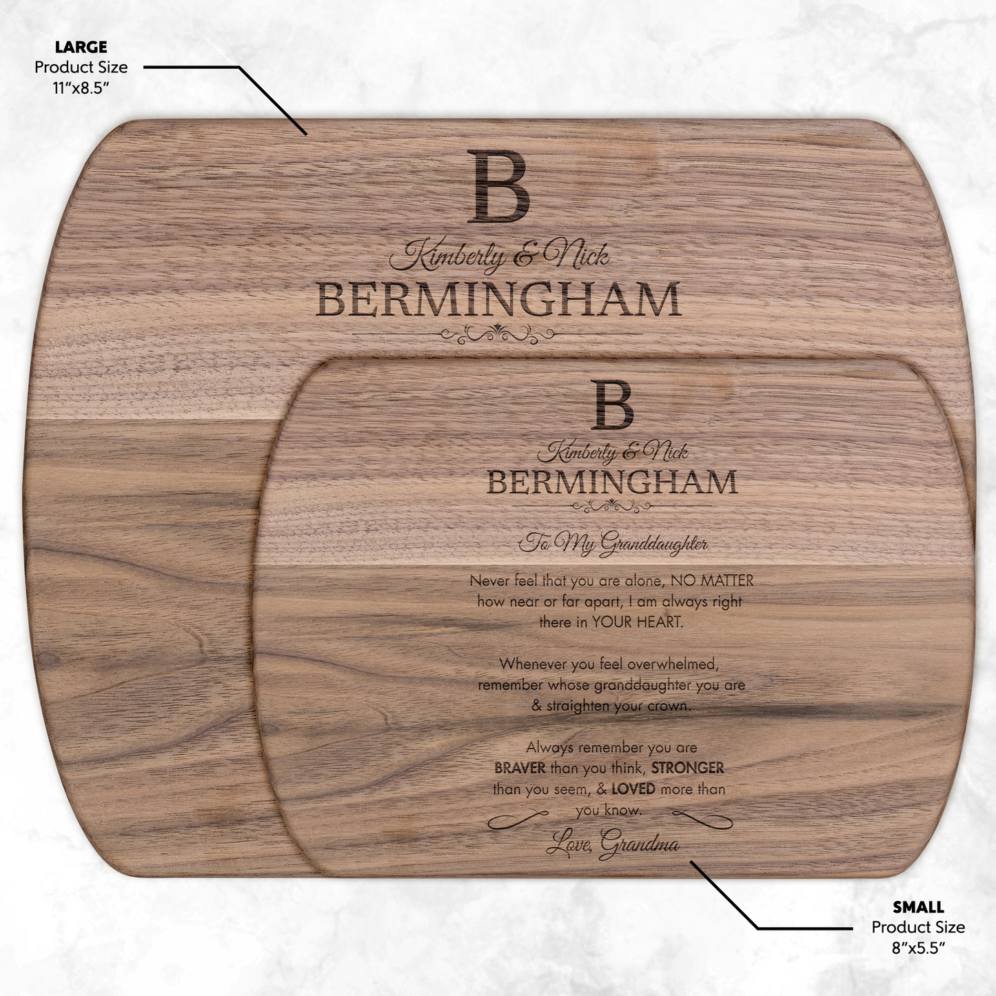 Personalized Monogram Granddaughter "Braver, Stronger, Loved" Hardwood Oval Cutting Board