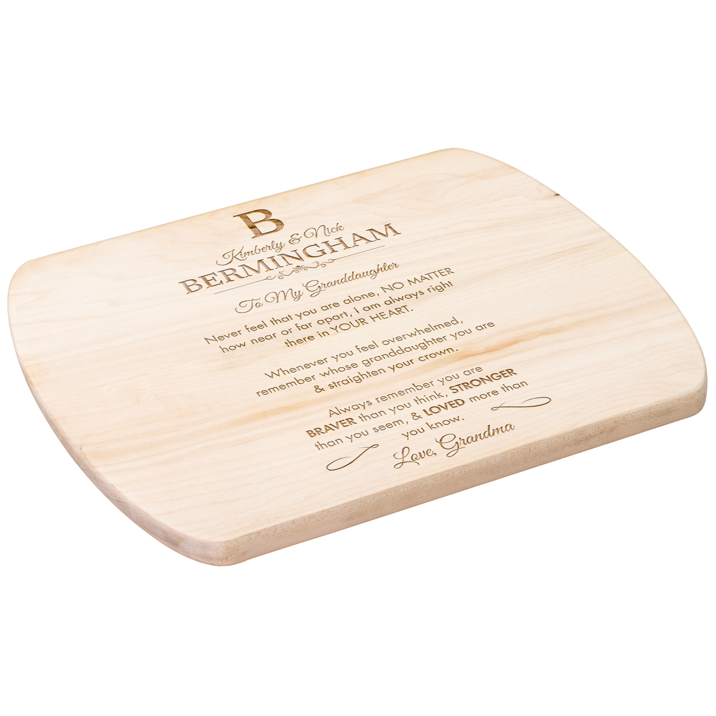 Personalized Monogram Granddaughter "Braver, Stronger, Loved" Hardwood Oval Cutting Board