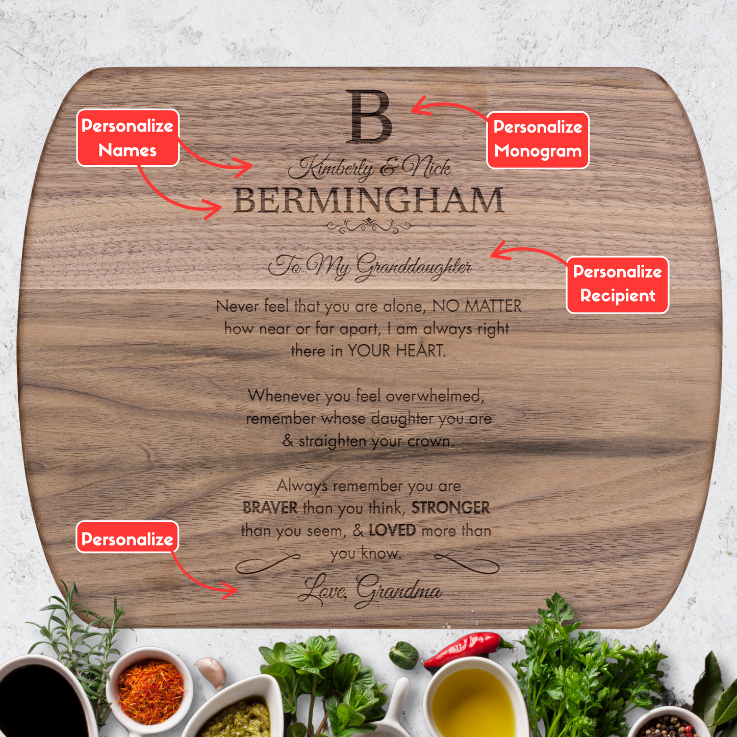 Personalized Monogram Granddaughter "Braver, Stronger, Loved" Hardwood Oval Cutting Board