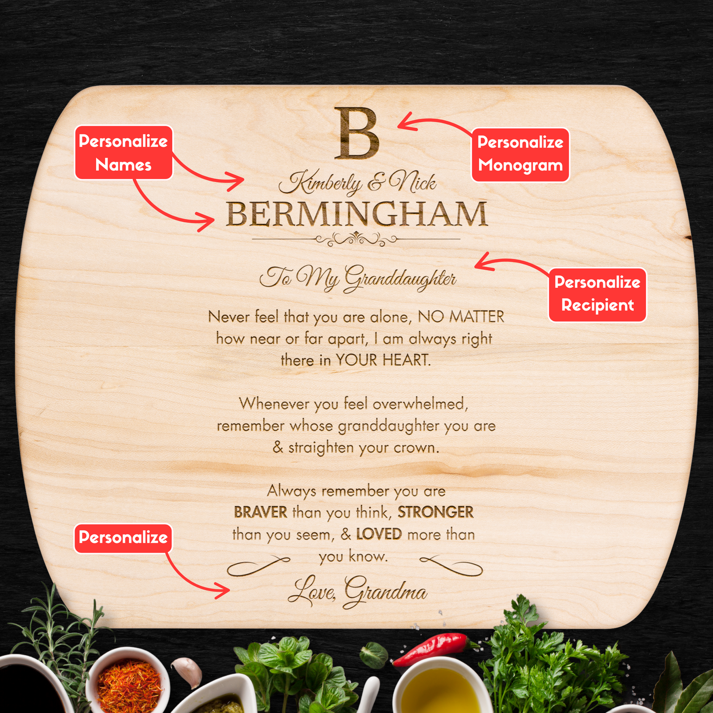 Personalized Monogram Granddaughter "Braver, Stronger, Loved" Hardwood Oval Cutting Board