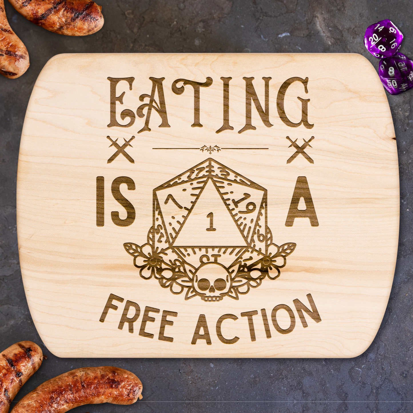 Eating is a Free Action⢠| Maple & Walnut Hardwood Chopping Board for DND Fans
