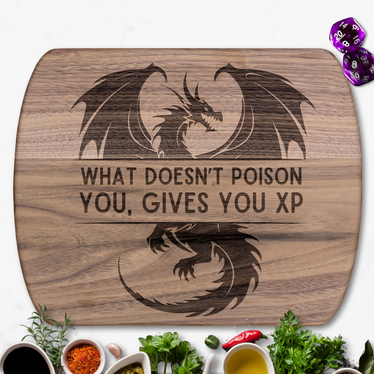 What Doesn't Poison You Gives You Xp™ | Maple & Walnut Hardwood Chopping Board for DND Fans