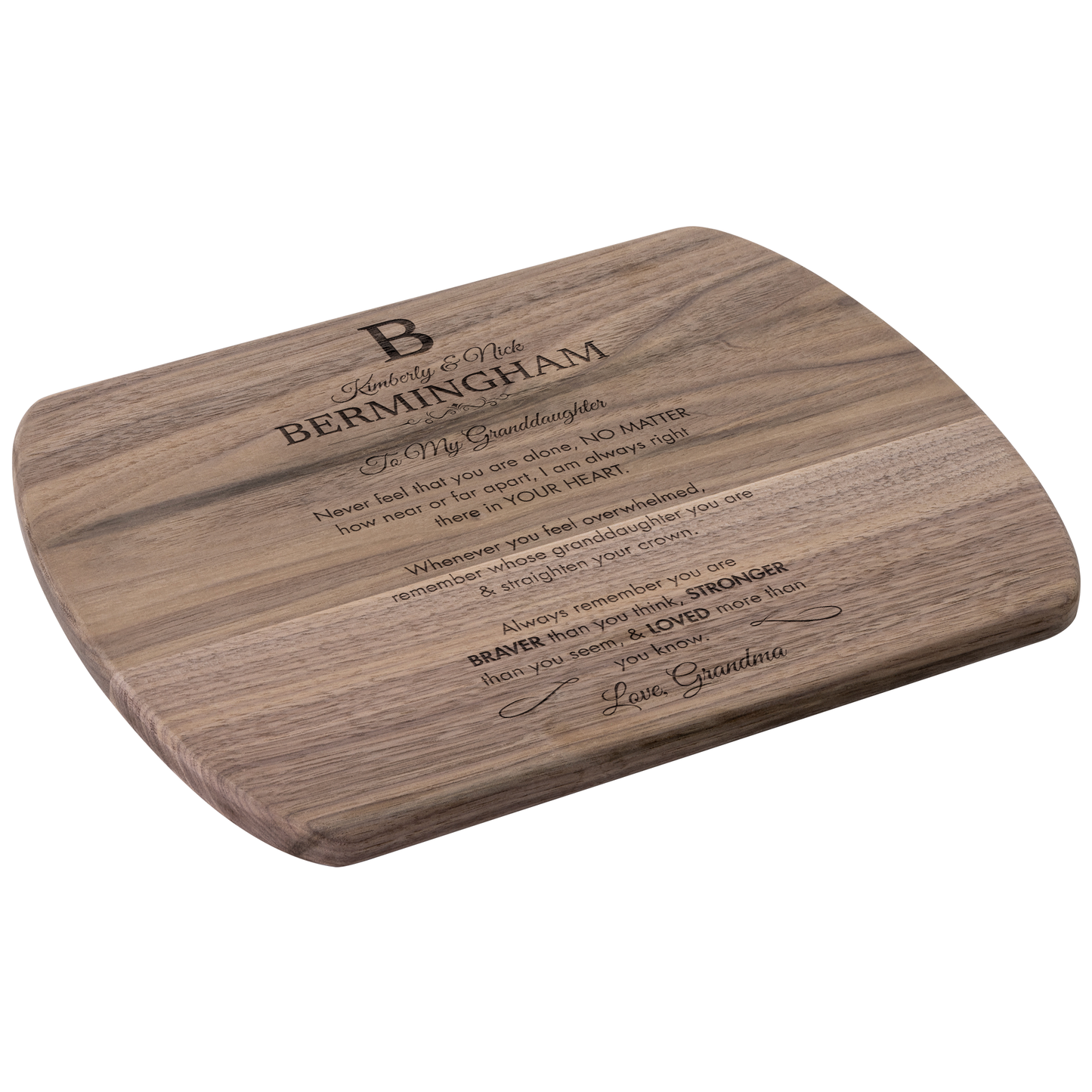 Personalized Monogram Granddaughter "Braver, Stronger, Loved" Hardwood Oval Cutting Board