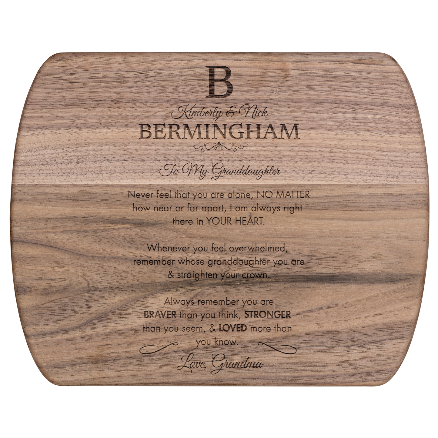 Personalized Monogram Granddaughter "Braver, Stronger, Loved" Hardwood Oval Cutting Board