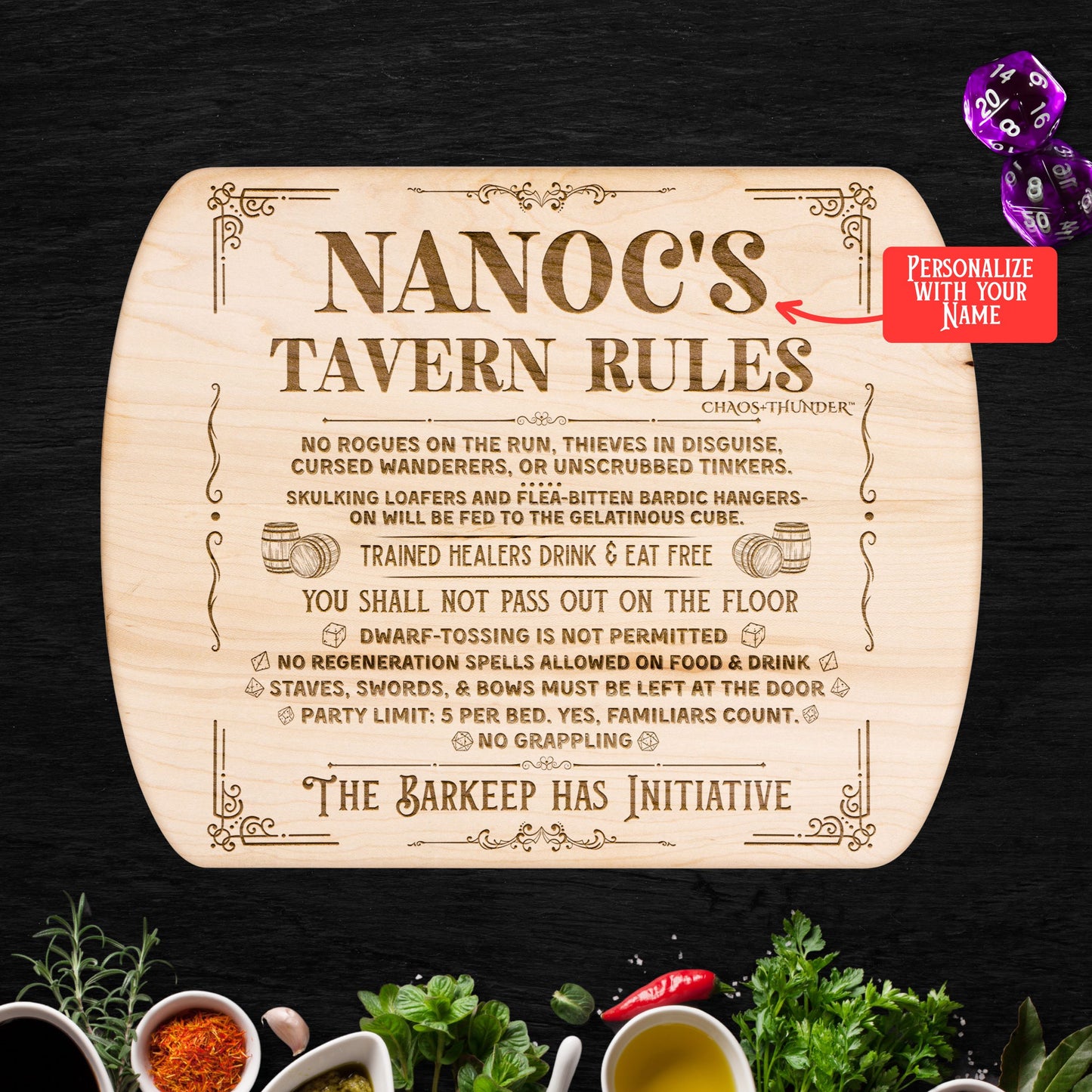 Custom DND Tavern Rules Hardwood Oval Cutting Board