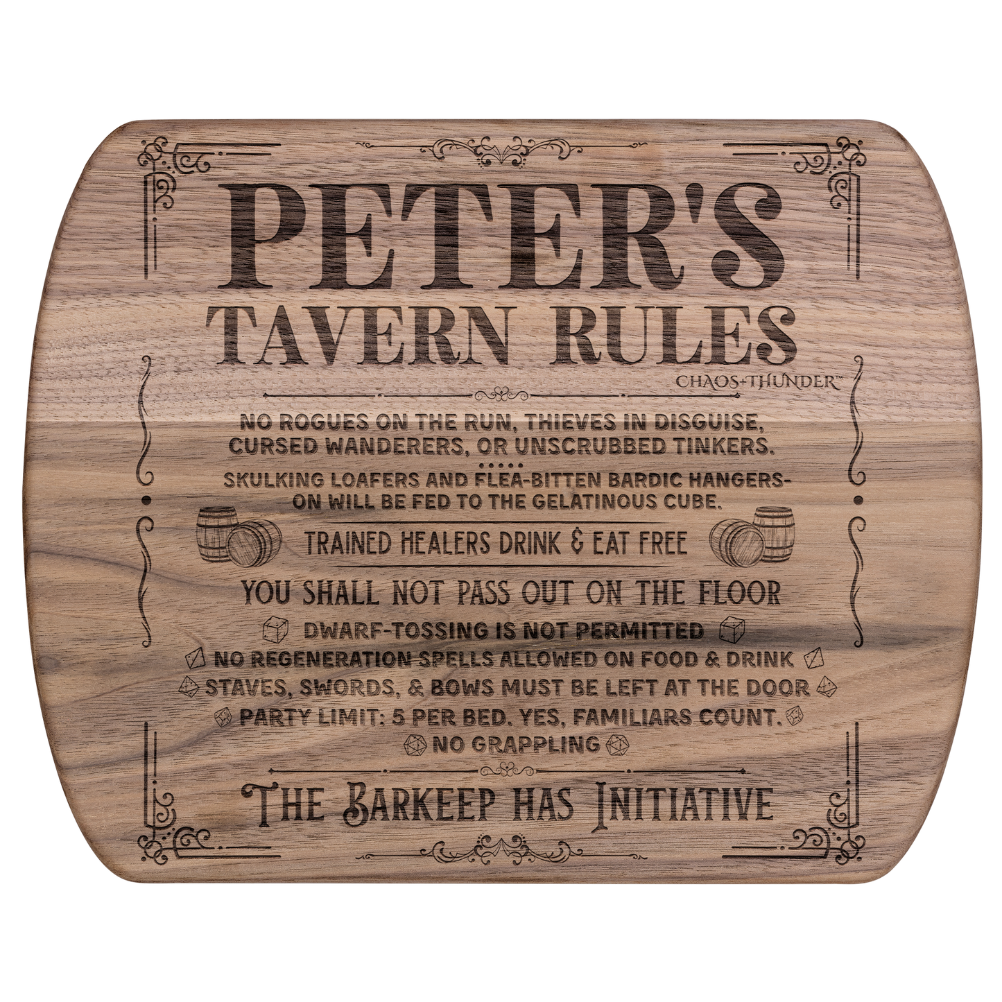 Personalized Tavern Rules™ | Maple & Walnut Hardwood Chopping Board for DND Fans