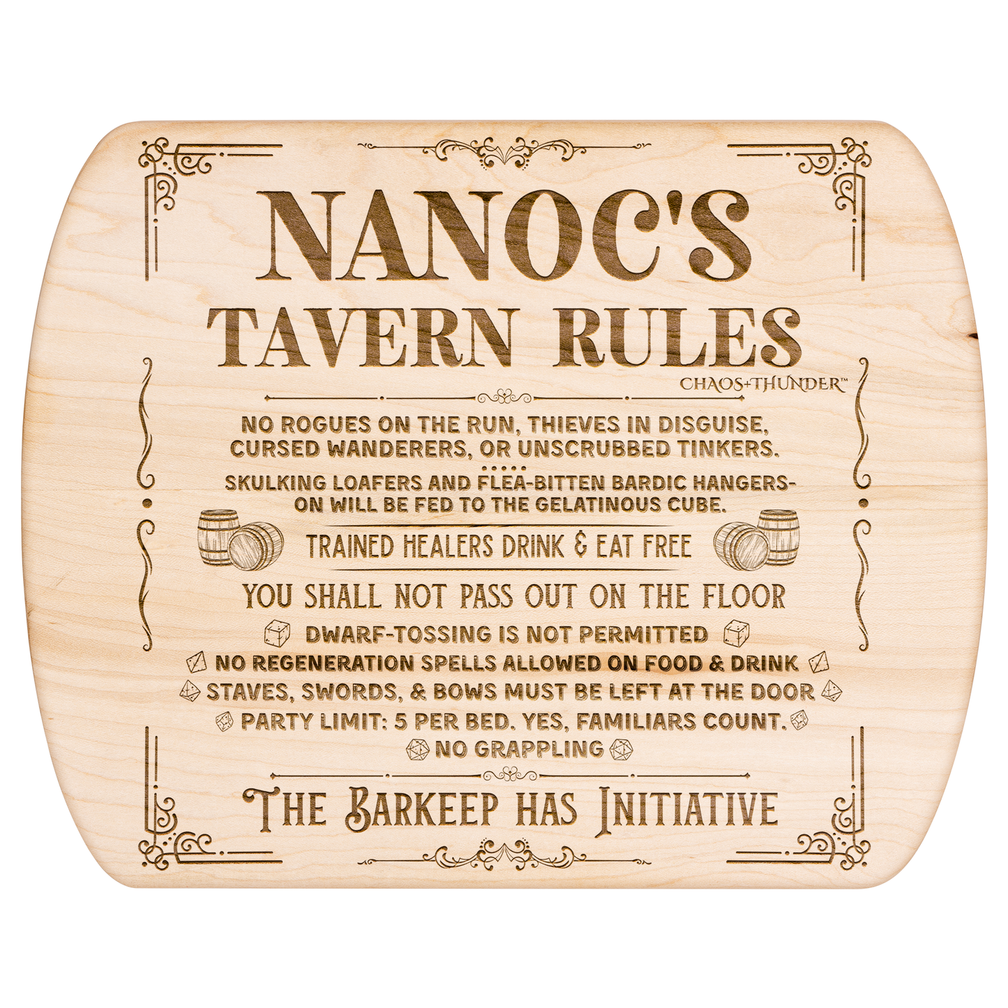 Custom DND Tavern Rules Hardwood Oval Cutting Board