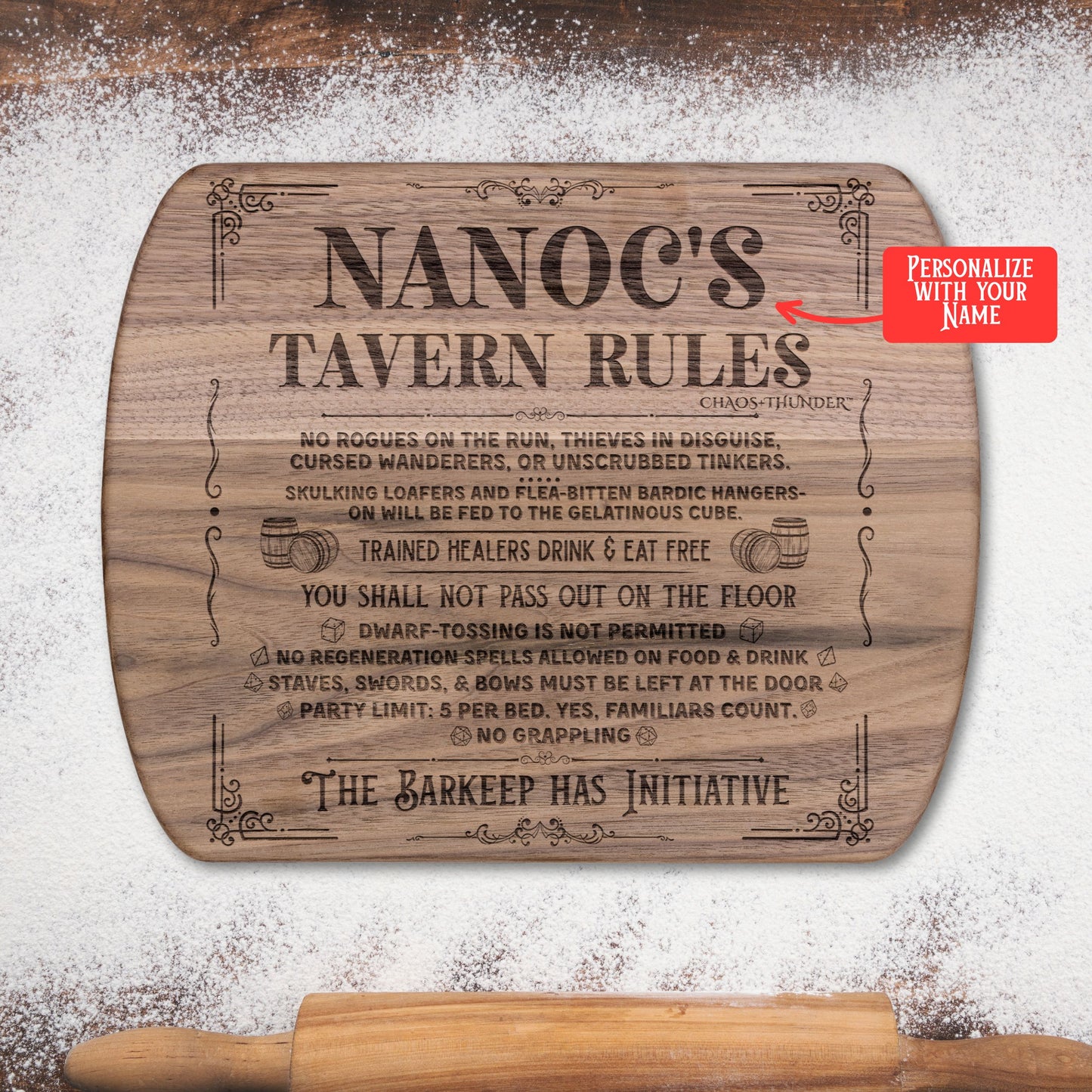 Custom DND Tavern Rules Hardwood Oval Cutting Board