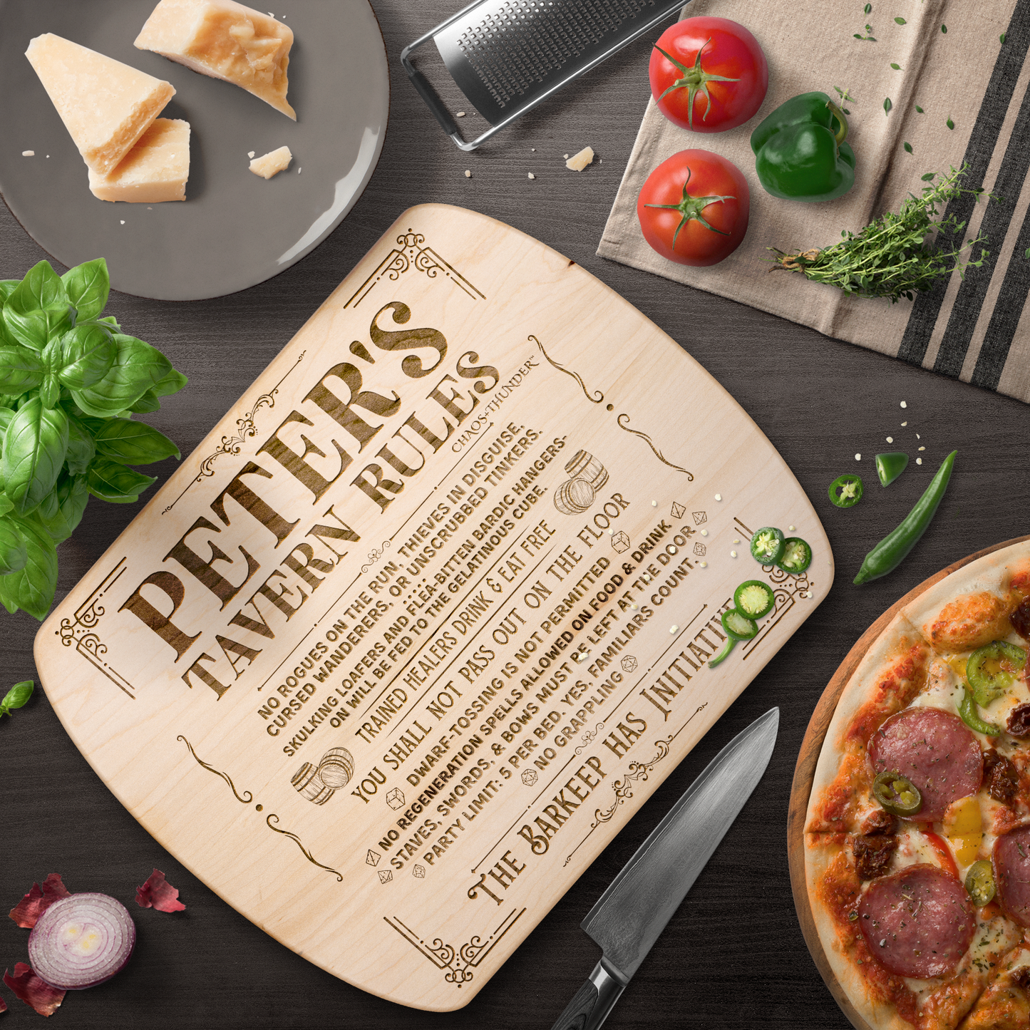 Personalized Tavern Rules™ | Maple & Walnut Hardwood Chopping Board for DND Fans