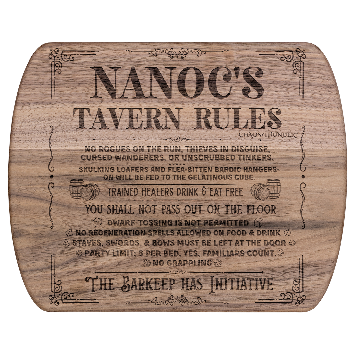 Custom DND Tavern Rules Hardwood Oval Cutting Board