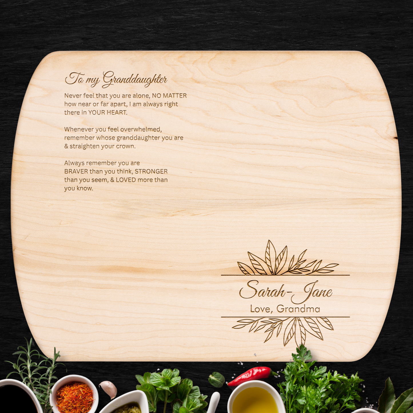 Engraved Granddaughter Gift – “Always in Your Heart” Hardwood Cutting Board
