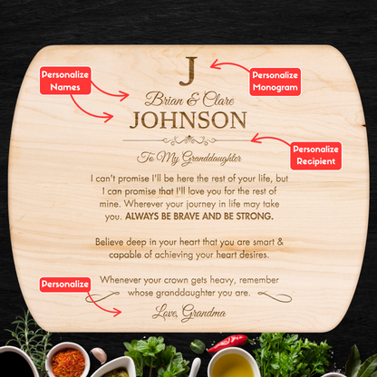 Personalized Monogram Granddaughter "Always be Brave" Hardwood Oval Cutting Board
