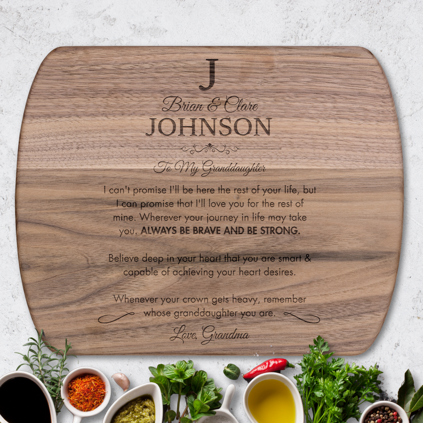 Personalized Monogram Granddaughter "Always be Brave" Hardwood Oval Cutting Board