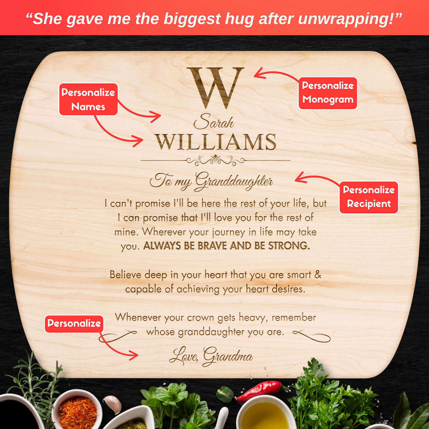 Personalized Monogram Granddaughter "Always be Brave" Hardwood Oval Cutting Board