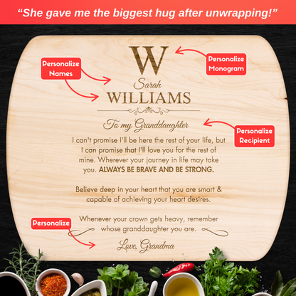 Personalized Monogram Granddaughter "Always be Brave" Hardwood Oval Cutting Board