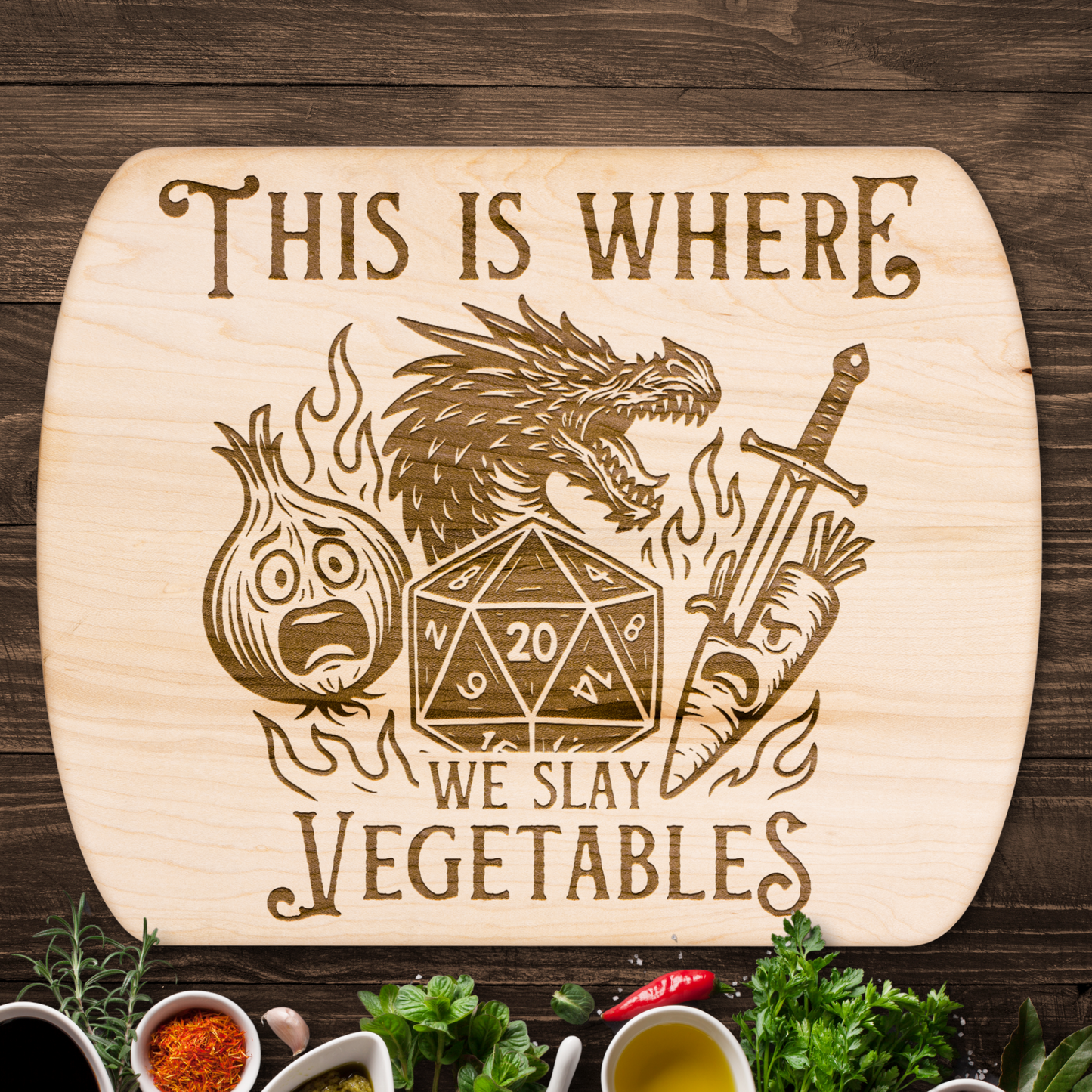 This is Where We Slay the Vegetables™ | Maple & Walnut Hardwood Chopping Board for DND Fans