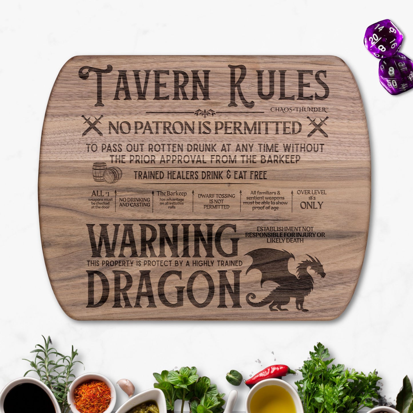 Tavern Rules Protected by a Dragon™ | Maple & Walnut Hardwood Chopping Board for DND Fans