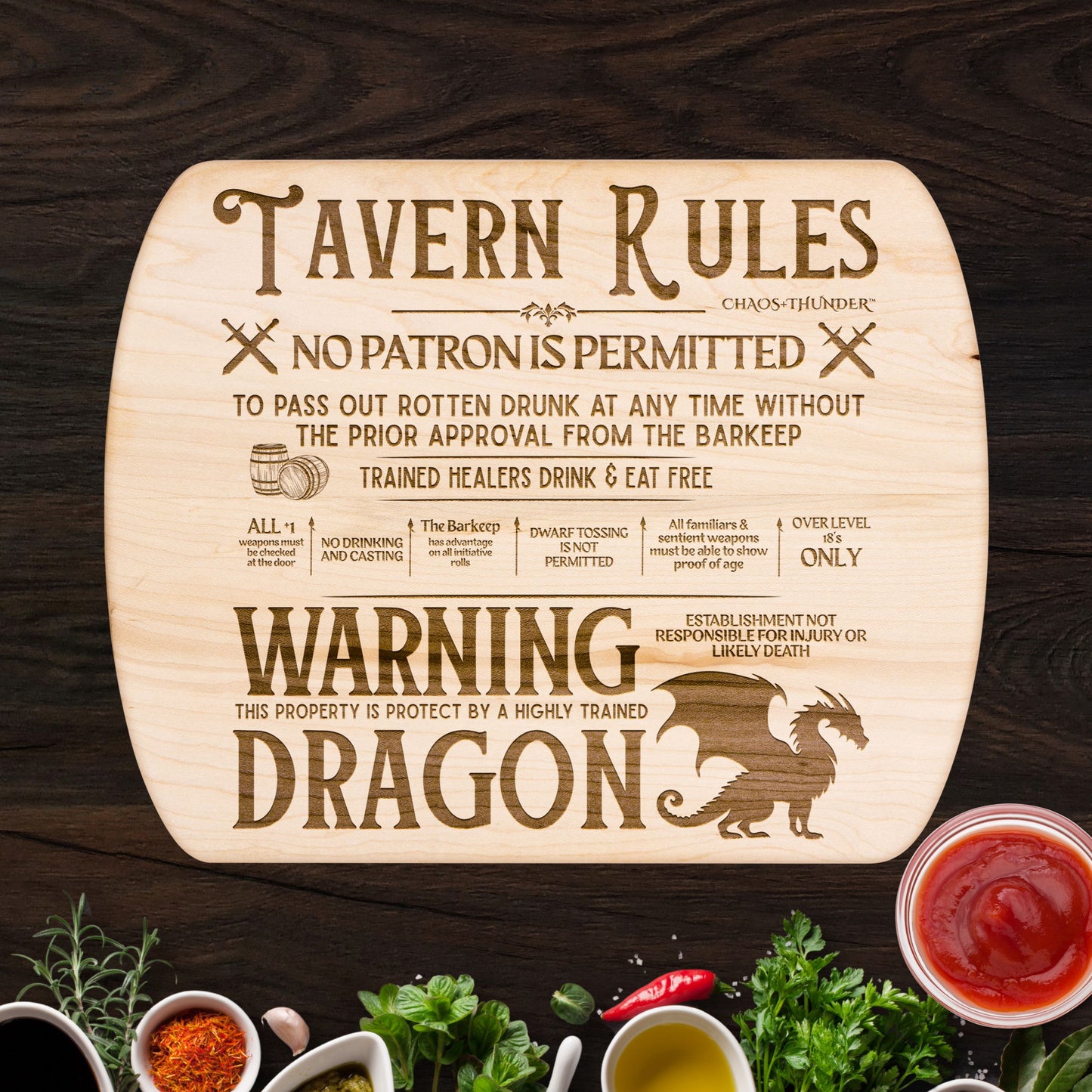 Tavern Rules Protected by a Dragon™ | Maple & Walnut Hardwood Chopping Board for DND Fans