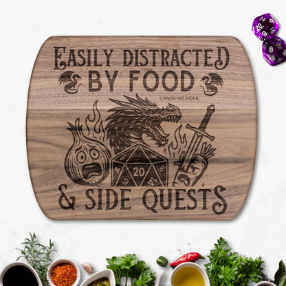 Easily Distracted by Food & Side Quests™ | Maple & Walnut Hardwood Chopping Board for DND Fans