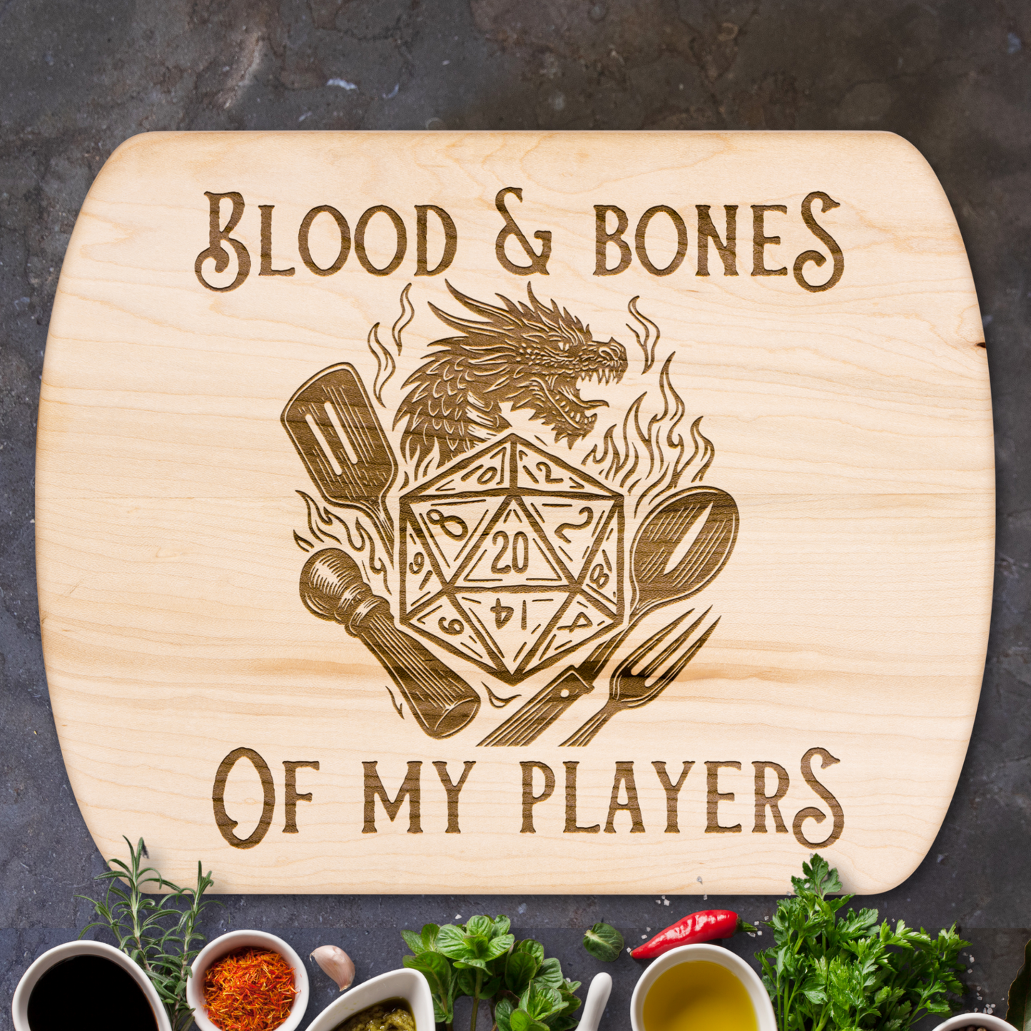 Blood & Bones of My Players™ | Maple & Walnut Hardwood Chopping Board for DND Fans