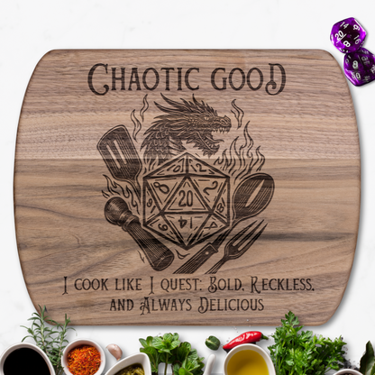 Chaotic Good I Cook Like I Quest™ | Maple & Walnut Hardwood Chopping Board for DND Fans