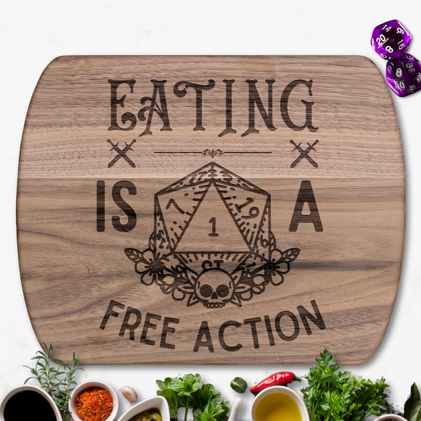 Eating is a Free Action™ | Maple & Walnut Hardwood Chopping Board for DND Fans
