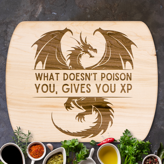 What Doesn't Poison You Gives You Xp™ | Maple & Walnut Hardwood Chopping Board for DND Fans