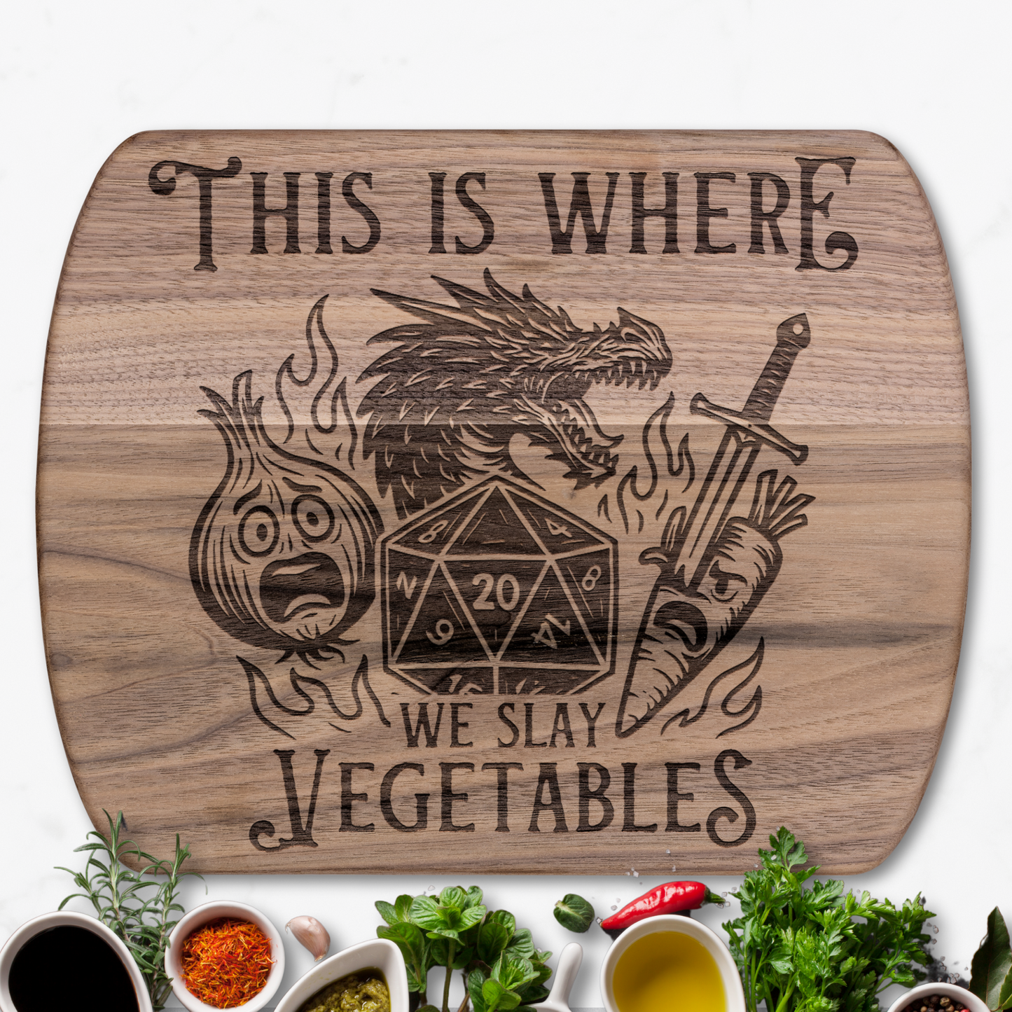 This is Where We Slay the Vegetables™ | Maple & Walnut Hardwood Chopping Board for DND Fans