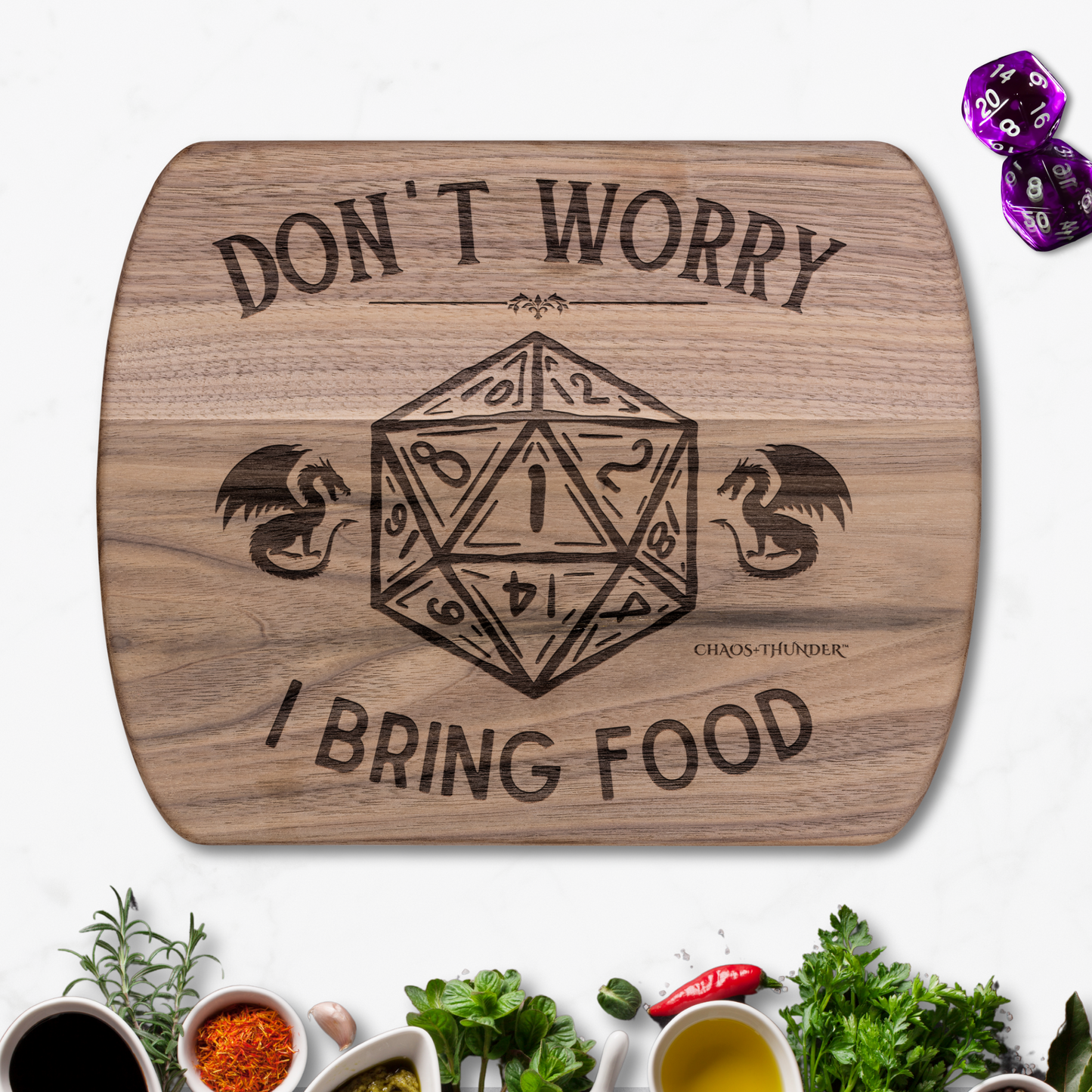 Don't Worry I Bring Food™ | Maple & Walnut Hardwood Chopping Board for DND Fans