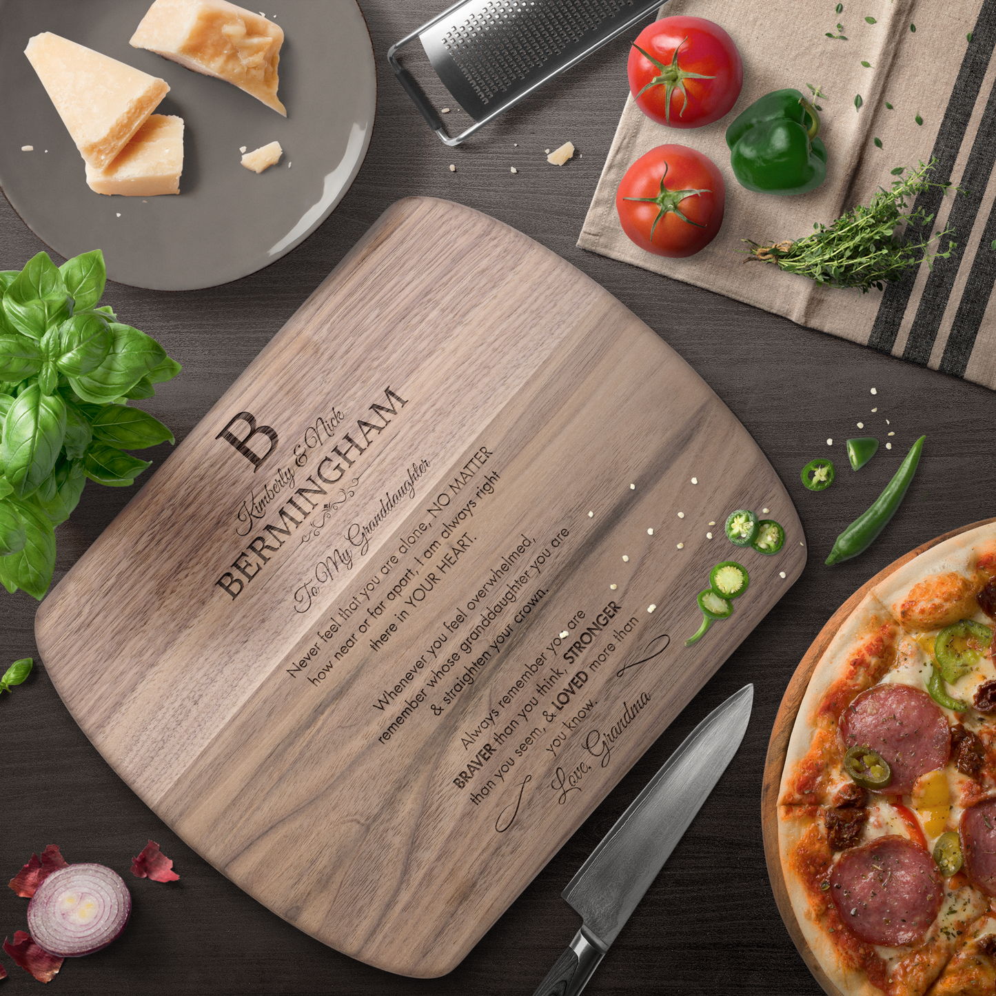 Personalized Monogram Granddaughter "Braver, Stronger, Loved" Hardwood Oval Cutting Board