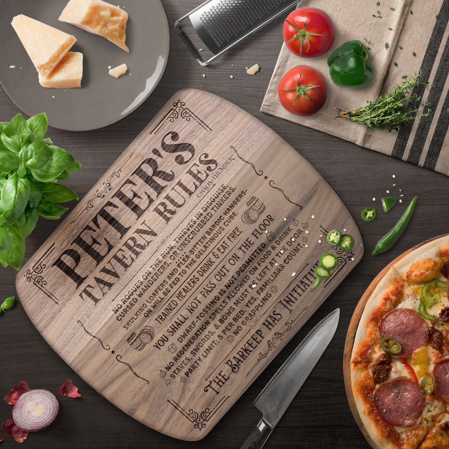 Personalized Tavern Rules™ | Maple & Walnut Hardwood Chopping Board for DND Fans