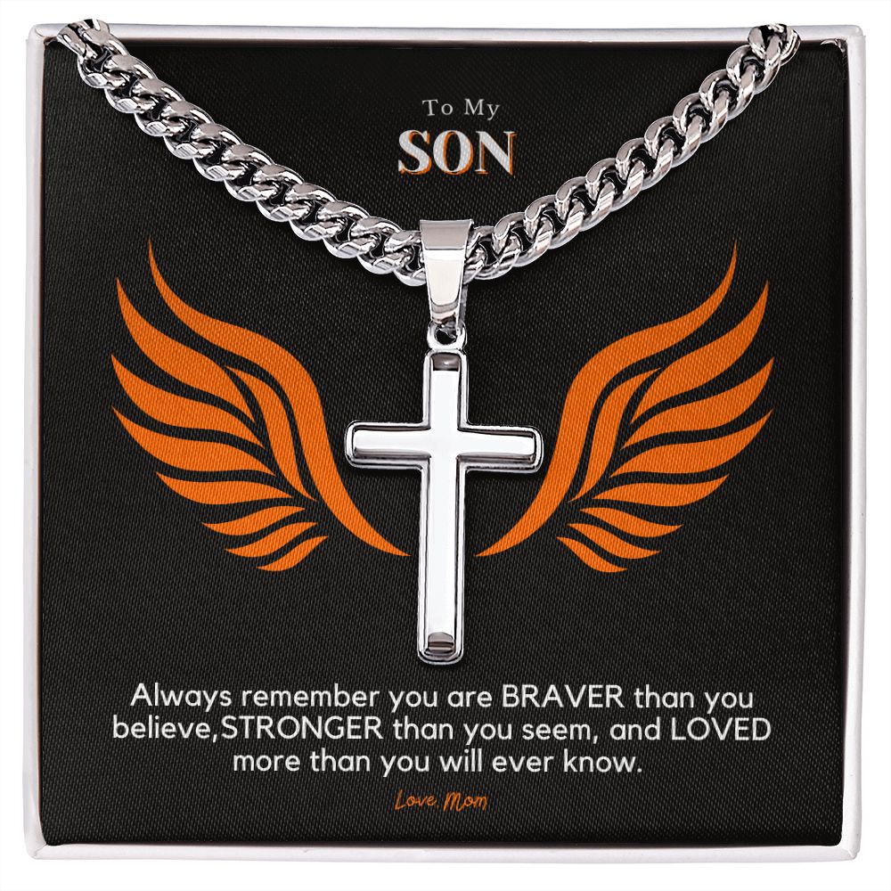 To My Son, Loved More Than You Know, Cuban Link Cross Necklace from Mom
