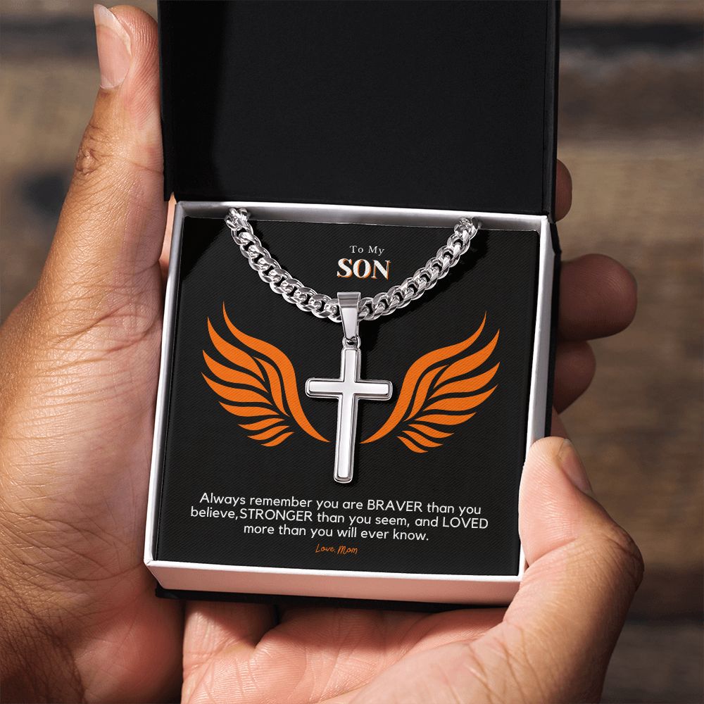 To My Son, Loved More Than You Know, Cuban Link Cross Necklace from Mom