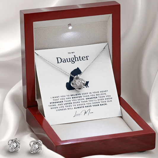 To My Daughter - Old Lioness - From, Mom - Stunning Love Know Necklace + Matching Earrings - Ships from the USA