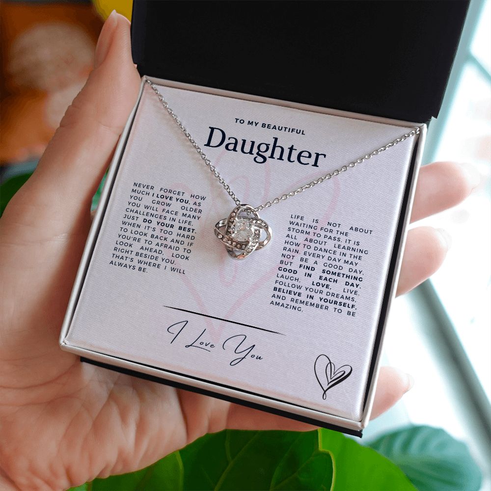 To My Daughter - I Love You - From, Dad, or From, Mom - Stunning Love Knot Necklace