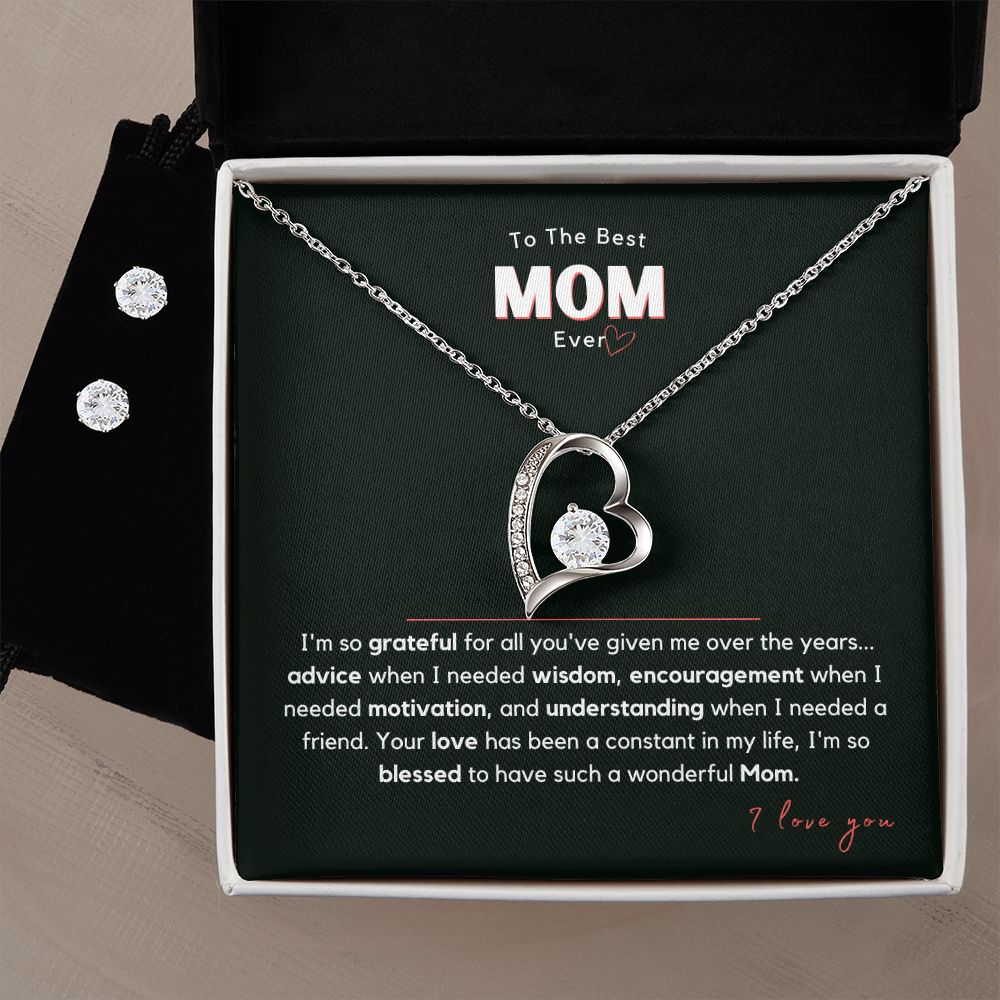 To Mom, Blessed to Have You 14k White Gold Heart Necklace with FREE CZ Earrings From Son or Daughter Gift