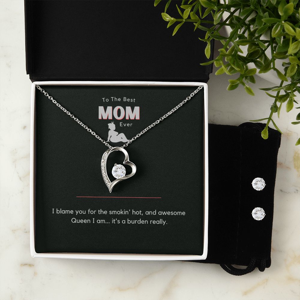 To Mom, Smokin' Hot Burden 14K White Gold Finish Necklace with CZ Earrings from Daughter